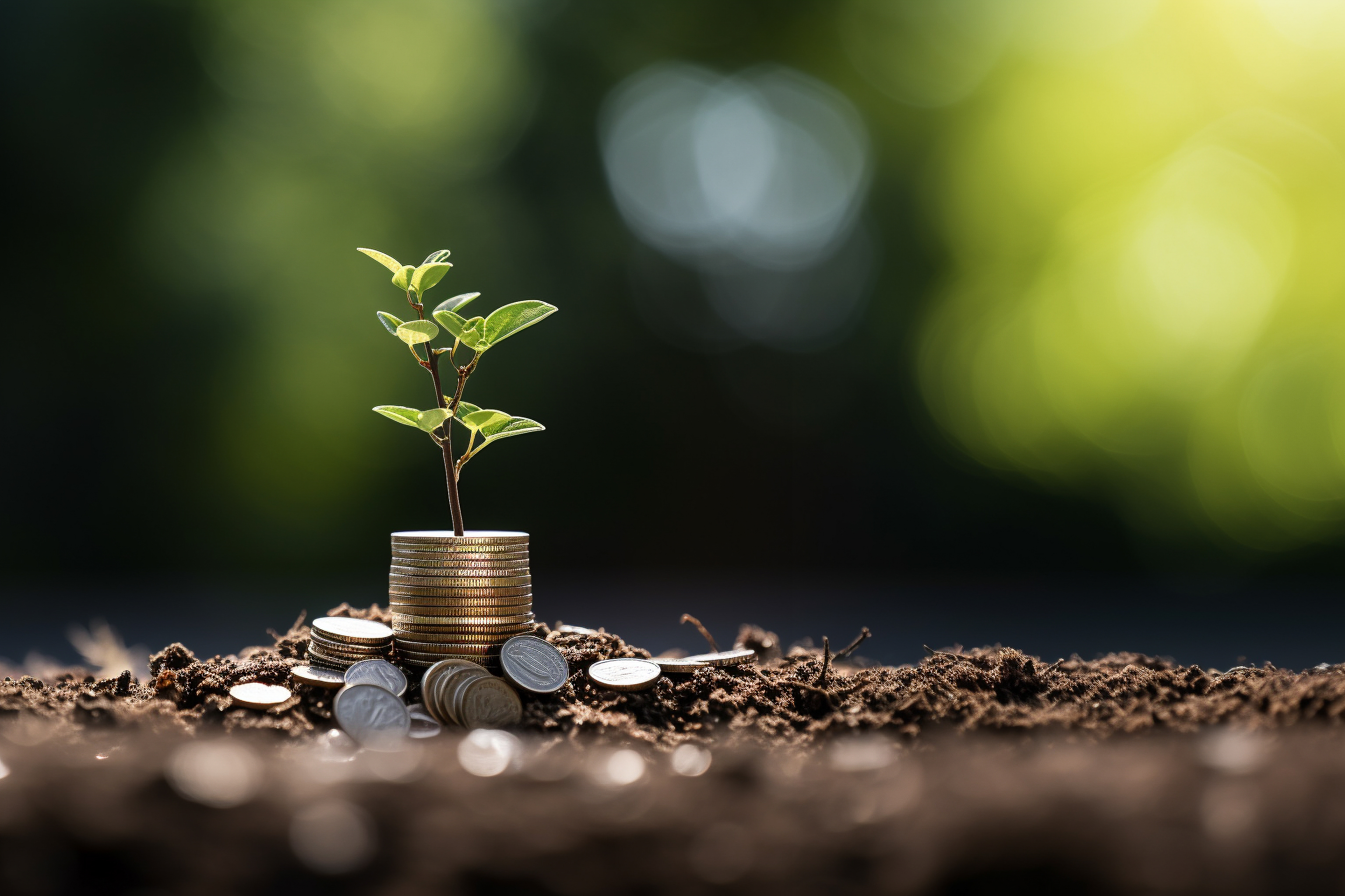 A seedling growing from coins in soil